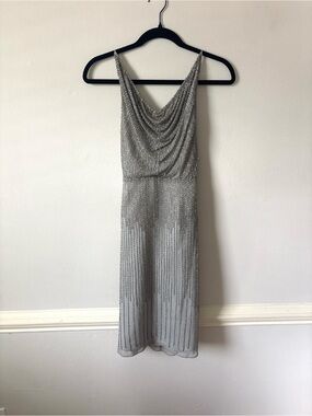 Adrianna Papell Silver Beaded Cowl-Neck Midi Dress